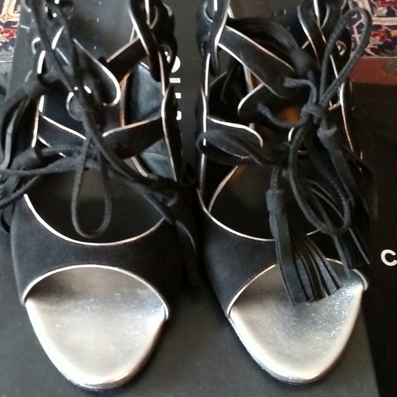 NIB CHANEL Black Suede Tassel Lace Heels - Picture 3 of 11